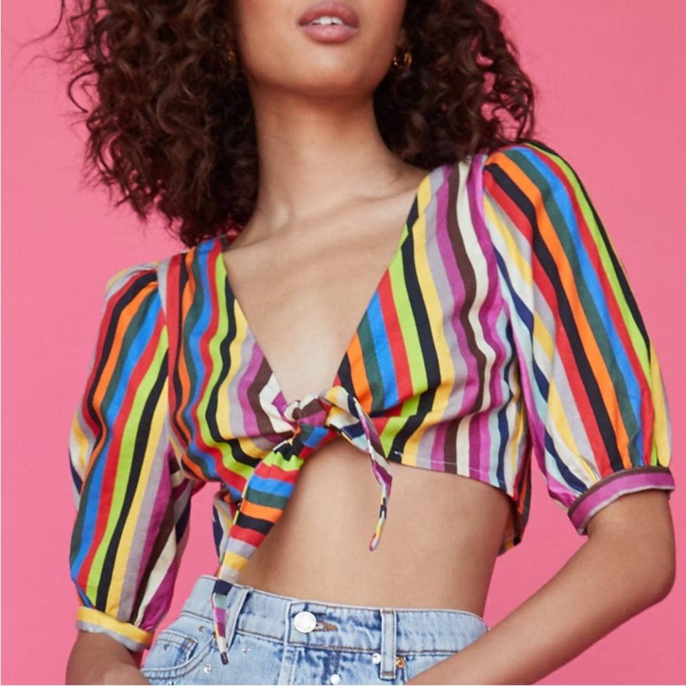 LPA Rainbow Stripe Tie Front Crop Top Short Sleeve